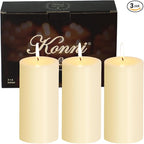 KONNI Ivory Pillar Candles Set of 3, 3"x 6" Unscented Pillar Candles Bulk, 56 Hours Long Burning Candles, Smokeless&Dripless Large Round Candle for Wedding, Home Decoration, Parties, Spas, Dinner