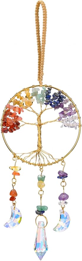 CrystalTears Chakra Crystal Tree Life Hanging Ornament Handmade 7 Chakra Healing Crystal Gemstone Glass Suncatcher for Home Window Wall Decoration Crystals Gifts for Women Men Friends