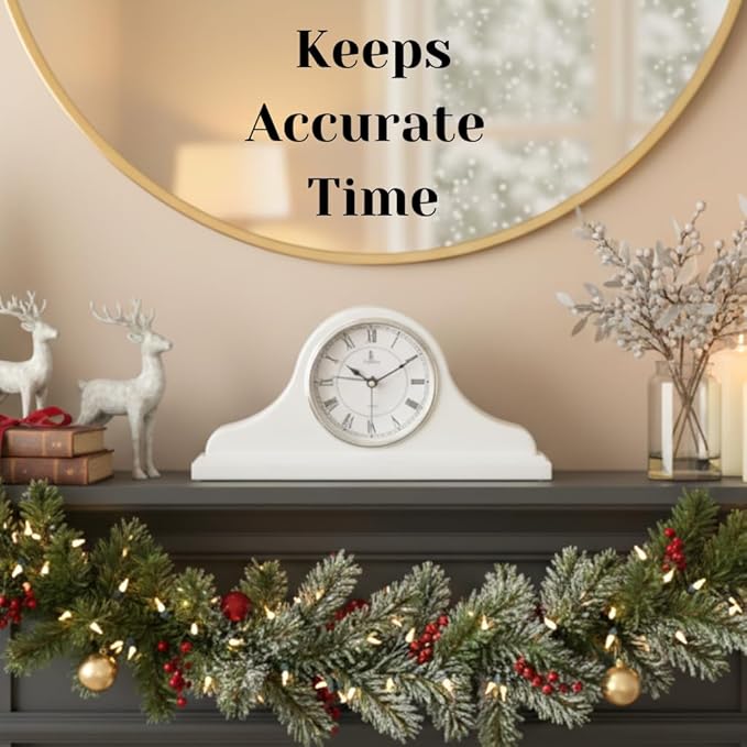 Mantel Clock, White Wooden Mantle Clock for Living Room Décor - Silent, Decorative, Solid Wood, Battery Operated Mantle Clock for Fireplace Mantel, Office, Desk, Shelf & Home Décor Gift, 15x7.5 Inch