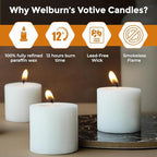 Welburn Veda&Co™ Votive Candles - Pack of 144, Upto 12 Hours Burn Time, 100% Fully Refined Paraffin Wax, Smokeless, Unscented, for Home Decor, Spa, Weddings, Birthdays, Holidays, Party (White)