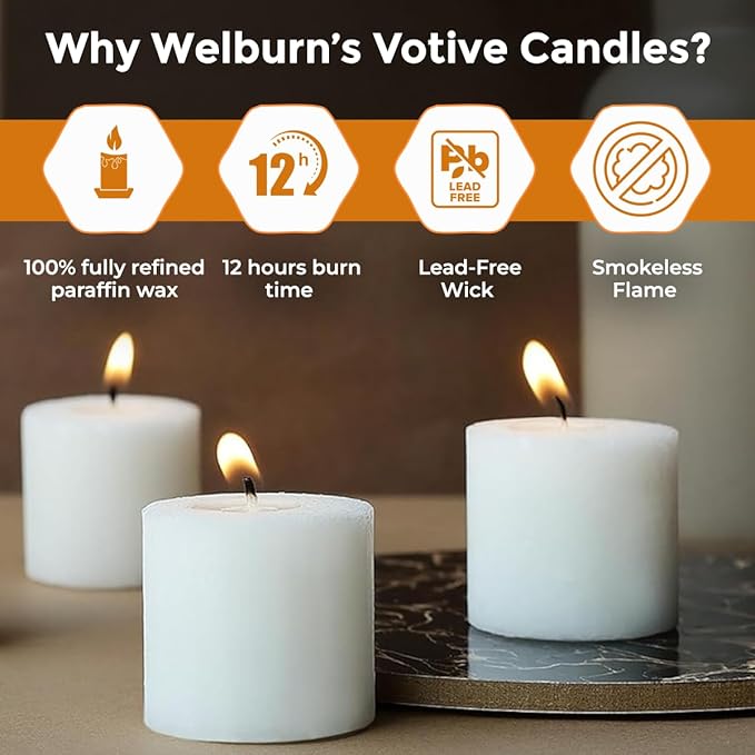Welburn Veda&Co™ Votive Candles - Pack of 144, Upto 12 Hours Burn Time, 100% Fully Refined Paraffin Wax, Smokeless, Unscented, for Home Decor, Spa, Weddings, Birthdays, Holidays, Party (White)