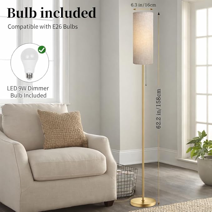 Modern Floor Lamp for Living Room, Gold Standing Lamps with 3 Color Temperatures Bulb, Minimalist Tall Lamp with Chain Switch for Bedroom, LED Bulb Included(Beige Shade+Gold)