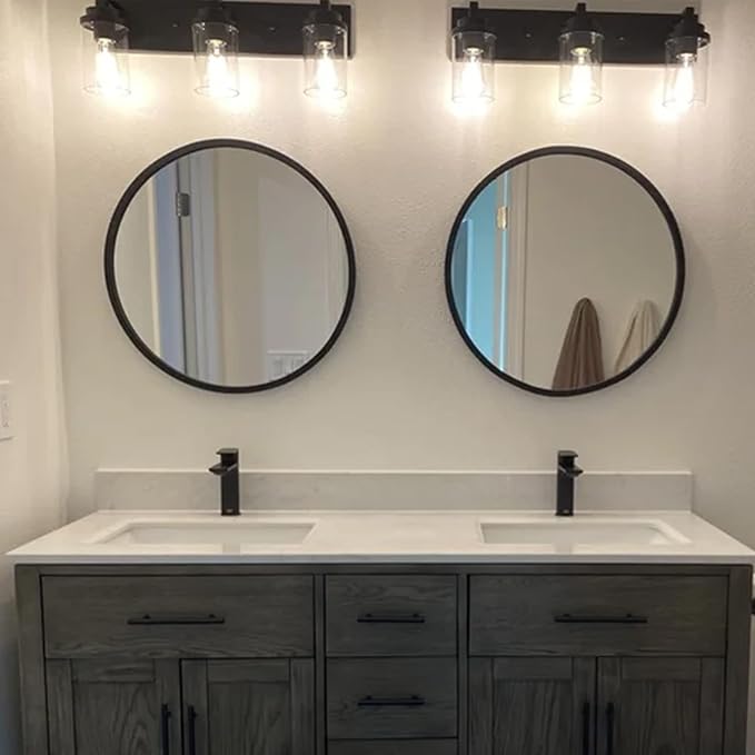 MELUCEE Vintage Bathroom Lighting Fixtures Over Mirror, 3-Light Modern Vanity Lights Black Finish Industrial Wall Sconce with Clear Glass Shade