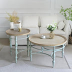 Rustic Farmhouse Round Coffee Table, French Country Vintage Center Table,φ31.5'' x18.9''H Rustic Solid Wood with Vintage Iron Legs, for Living Room, Bedroom,Dinning Room,Nature White