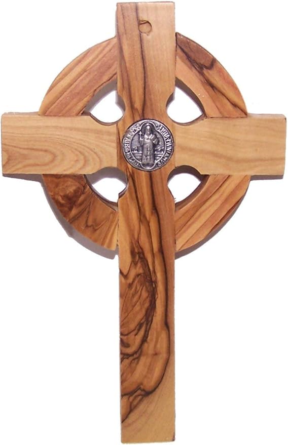 Holy Land Market 6" Celtic Olive Wood Wall Crucifix – Handmade in Bethlehem with Metal Saint Benedict Medal (Front & Back), Certificate, Prayer Card & Medal Explanation – Solid Olive Wood Cross