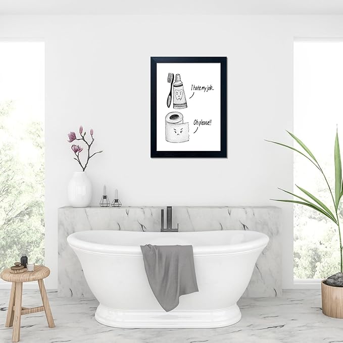 Kids Bathroom Decor Wall Art Black and White Bathroom Print Funny Toliet Paper and Toothbrush Picture Framed Artwork for Children's Washroom