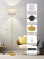 60" Modern Floor Lamp for Living Room, Standing Lamp with White Linen Lampshade, Remote and Foot Switch, Tall Lamp with A19 9W 3000K-6000K Color Temperature 10%-100% Brightness Dimmable Bulb, Gold