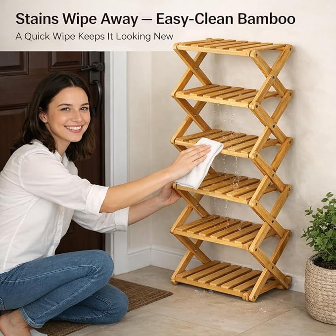 Upgraded The 9-Tier No-Assembly Bamboo Shoe Rack (3–9 Tier), Folding Bamboo Shoe Storage Rack with Zero Assembly Required and Space-Saving Design for Entryway Closet Apartment (Brown, 8 Tier)