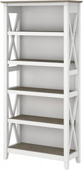 Bush Home Tall 5 Shelf Bookcase for Living Room or Home Office, Large Bookshelf, Modern Farmhouse Style, Key West Collection, Pure White and Shiplap Gray