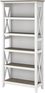 Bush Home Tall 5 Shelf Bookcase for Living Room or Home Office, Large Bookshelf, Modern Farmhouse Style, Key West Collection, Pure White and Shiplap Gray
