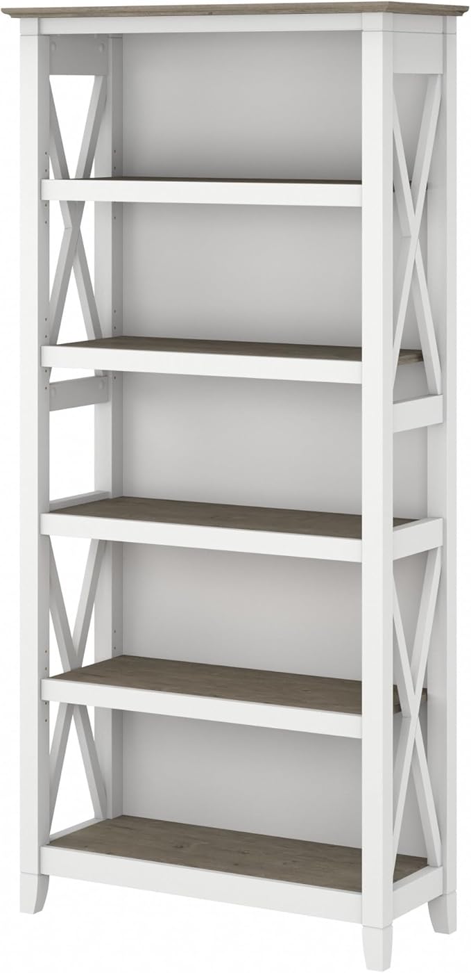 Bush Home Tall 5 Shelf Bookcase for Living Room or Home Office, Large Bookshelf, Modern Farmhouse Style, Key West Collection, Pure White and Shiplap Gray