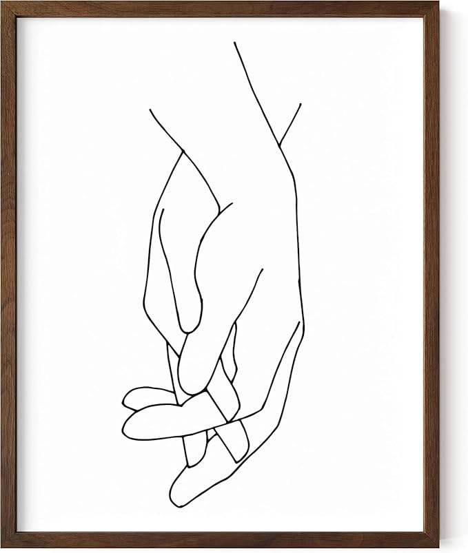 Holding Hands Wall Art Interlocking Fingers Connection Continuous Line Drawing 11x14 Inch Oak Wood Walnut Framed Modern Minimalist Unity Print for Bedroom