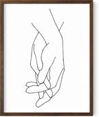 Holding Hands Wall Art Interlocking Fingers Connection Continuous Line Drawing 11x14 Inch Oak Wood Walnut Framed Modern Minimalist Unity Print for Bedroom