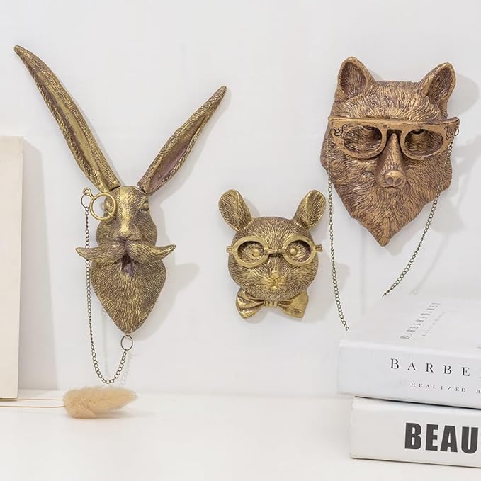 Animal Heads Wall Art Decor,3D Wall Mount Ornament, Aesthetic Gold Wall Sculpture Home Decor, Resin Animal Head Wall Hanging Decoration for Family Living Room Bedroom Bathroom Kitchen Gift (Rat)