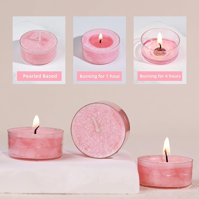 Unscented Tealights Candles for Valentine's Day, 5 Hours Long Burning Pink Pearled Tea Lights, Non-Paraffin, Smokeless, Votive Candles for Wedding, Baby Shower, 12pcs