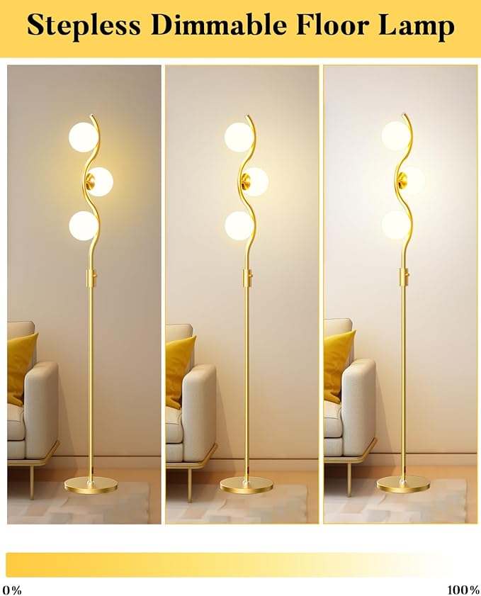 Lightdot 60IN Gold Floor Lamp Stepless Dimmable Globe Floor Lamps with 3Pcs 3000K Bulbs Included Eye-Friendly Mid Century Standing Lamps for Living Room/Bedroom/Sofa Beside/Corner Decor