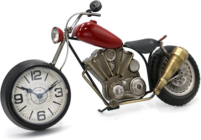 Vintage Motorcycle Desk Clock, Red, Battery Operated, 17.3 in L, 2.5 in W, 7.8 in H