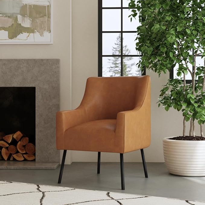 HomePop Modern Accent Chair, Homepop Home Décor, Accent Chairs for Living Room & Bedroom, Fabric Reading Living Room Side Chair, Single Sofa with Lounge Seat and Metal Legs- Carmel Faux Leather