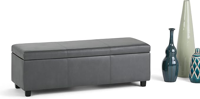 SIMPLIHOME Avalon Storage Ottoman Bench - 48 inch Wide Upholstered Vegan Leather Rectangular Lift-Top Ottoman in Stone Grey, Contemporary Storage Bench for Living Room with High-Density Foam