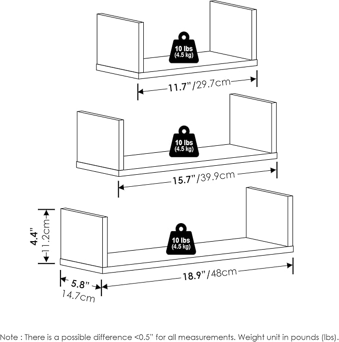 Furinno Rossi Bedroom Decor Wall Mounted Floating Display Shelves with Invisible Brackets, Set of 3, Marble White