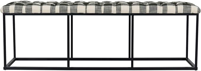 HomePop Upholstered Button Tufted Decorative Bench with Metal Base, Black and White Plaid