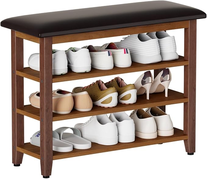 Shoe Bench with Leather Cushion,Wood Bench with Shoe Rack,3-Tier Shoe Storage Organizer for Entryway,Hallway,Living Room (Brown, 3-Tier-31.5")
