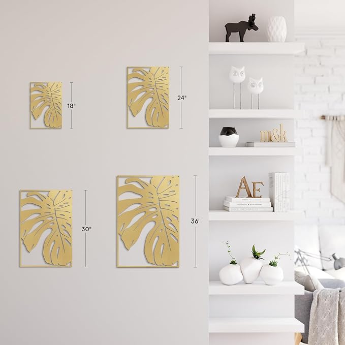 SIGNLEADER Metal Wall Art Decor Monstera Leaf Minimalist Modern Abstract Wall Sculpture Hangings Home Decoration for Living Room, Bedroom, Bathroom, Kitchen, Outdoor - 24" Gold