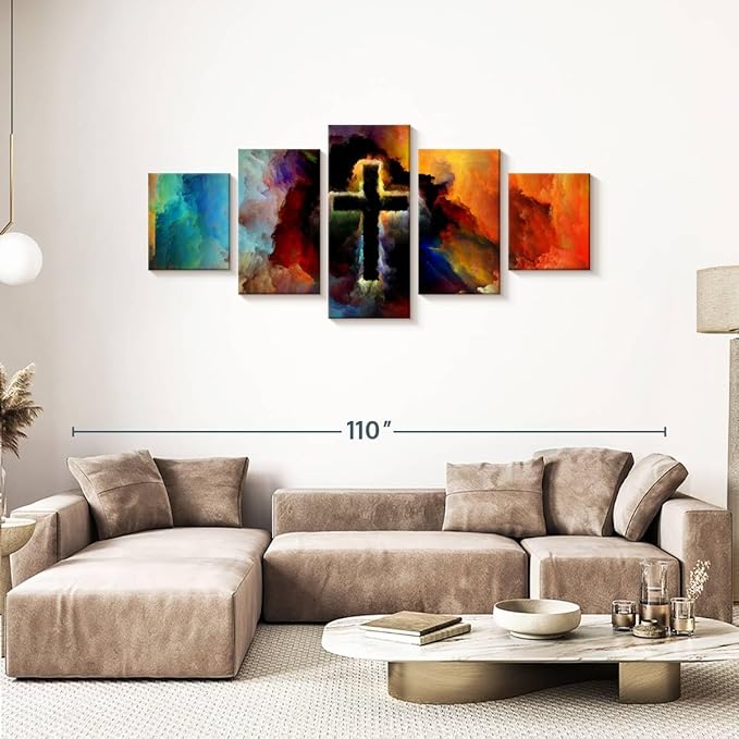 Elephant Stock Colorful Cross Wall Art Multi Piece Canvas - 5 Panel Christian Pictures Decor - Digital Design Canvas Print - Christian Wall Decor - 80" X 36"