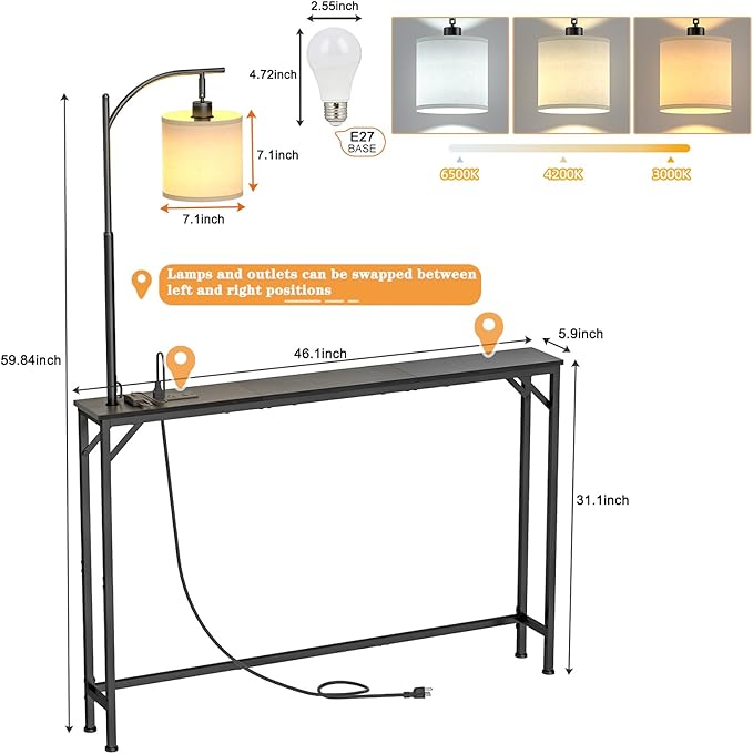 keomaisyto Skinny Console Table with Outlet & 3-Color Light, Sofa Tables Narrow Long - 3 Color Temperature Bulb Adjustable, Behind The Couch Table for Living Room, Bedroom, Balck