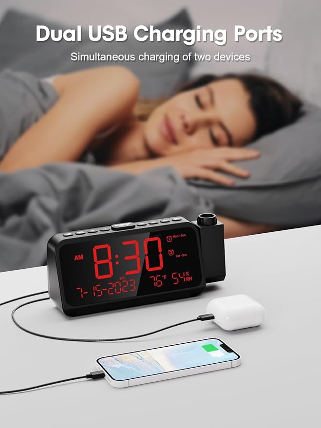 ROCAM Projection Clock for Bedroom, Digital Clock with 180° Projector on Ceiling with 5-Level Dimmer, Dual Loud Alarm Clock with Weekend/Weekday Mode, Date, Temp, Humidity, Night Light, Snooze