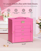 Homde Synthetic Leather Huge Jewelry Box Mirrored Watch Organizer Necklace Ring Earring Storage Lockable Gift Case (Pink + Gold)