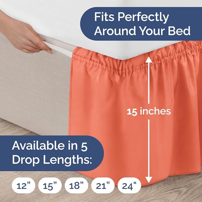 Wrap Around Dust Ruffle Bed Skirt - Coral - for King Size Beds with 15 Inch Drop - Easy Fit Elastic Strap - Adjustable Pleated Bedskirt w/Brushed Fabric - Wrinkle Free - for Women, Men, Kids & Teens
