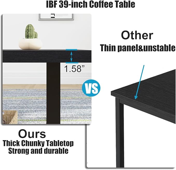 IBF Modern Black Coffee Table, Minimalist Industrial Wooden Center Table, Simple Farmhouse Rectangle Living Room Table, Wood and Metal Cocktail Coffee Table for Home Bedroom Office, Black Oak, 47 Inch