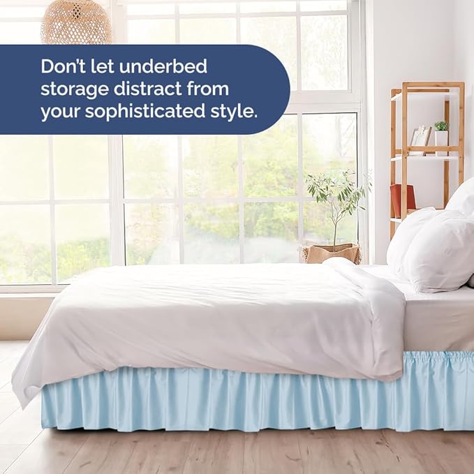 Wrap Around Dust Ruffle Bed Skirt - Light Blue - for King Size Beds with 15 Inch Drop - Elastic Strap - Adjustable Pleated Bedskirt with Brushed Fabric and Wrinkle Free - for Women, Men, Kids & Teens