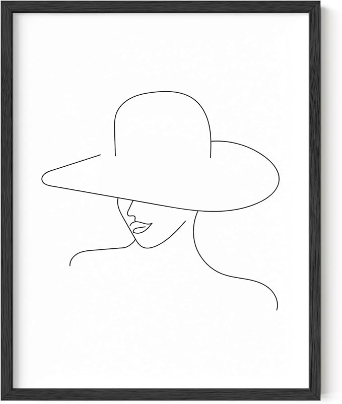 Elegant Woman in Hat Wall Art Minimalist Feminine Profile Continuous Line Drawing 11x14 Inch Oak Wood Black Framed Chic Fashion Print for Vanity Bedroom