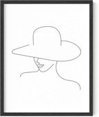 Elegant Woman in Hat Wall Art Minimalist Feminine Profile Continuous Line Drawing 11x14 Inch Oak Wood Black Framed Chic Fashion Print for Vanity Bedroom