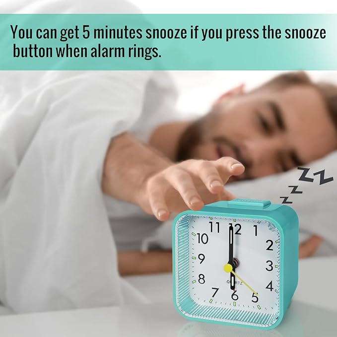 Small Battery Operated Analog Alarm Clock, Travel Clock, Quieter Bedside Clocks for Bedrooms Bathroom Shelf Desk, Green