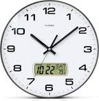 Wall Clock, 12" Dial Non-Ticking Silent Battery Operated Analog with LCD Display for Perpetual Calendar and F° Temperature, Ideal Modern Home, Bedroom, Kitchen, Office Decor (Black)