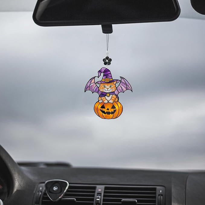 Halloween Cat Pumpkin Stained Glass Style Ornament, Acrylic Window Hanging Suncatcher Decoration, Cute Witch Cat on Jack O’Lantern Decor for Christmas Tree, Garden, Gift for Women Mom Birthday Holiday