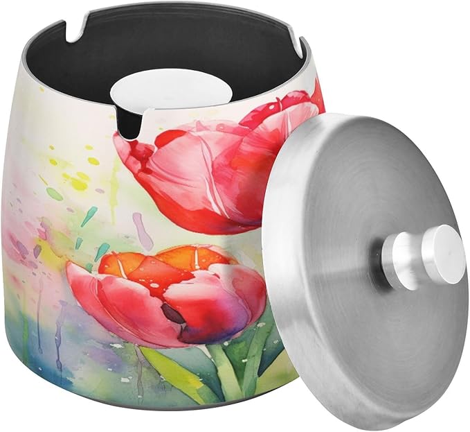 Red Tulip Spring Ashtray with Lid, Outdoor Ashtrays for Patio, Stainless Steel Ashtray Odorless Smokeless for Home Office Balcony