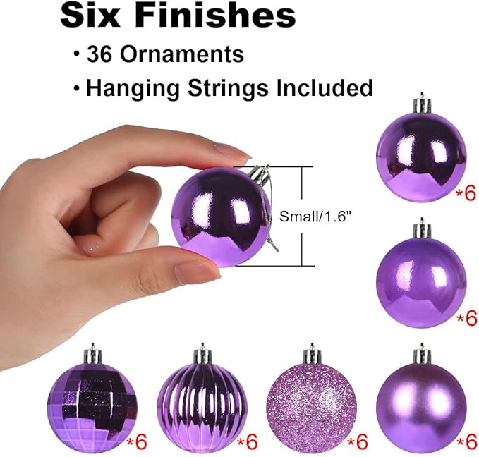 GameXcel Christmas Balls Ornaments for Xmas Tree - Shatterproof Christmas Tree Decorations Small Hanging Ball Iris Purple 1.6 Inch x 36 Pack