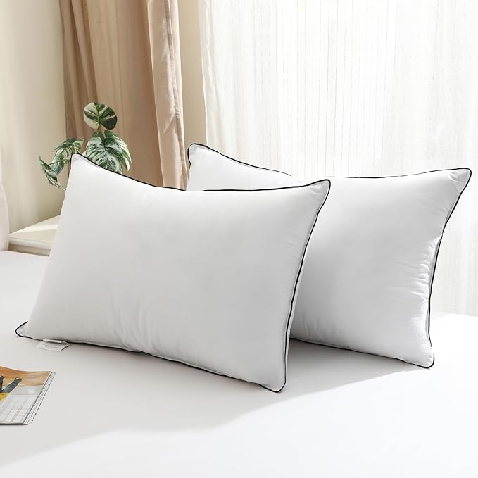 BPC Luxury Goose Feather Down Bed Pillows King Size Set of 2, Hotel Feather Pillows for Sleeping, 100% Organic Cotton Cover, Fluffy and Soft Support Surround Fill Polyester, Medium Firm, 20"x36"
