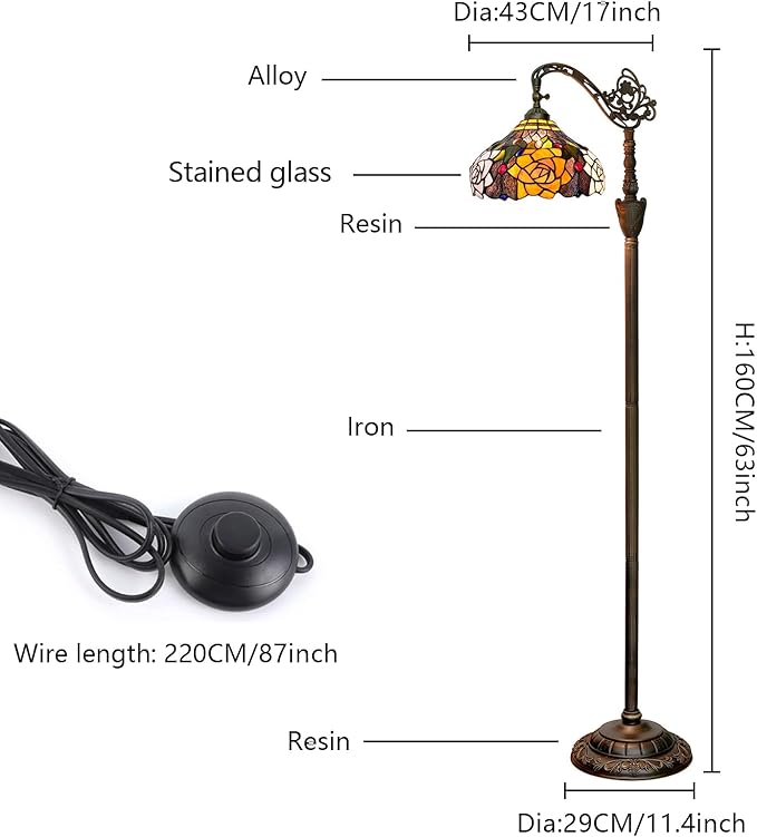 Tiffany Floor Lamp Vintage Standing Lamp Rose flowers Style Stained Glass Floor Light Rustic Corner Gooseneck Floor Lamp with Adjustable Angle for Home Decor Living Room Bedroom 12X12X63 Inches