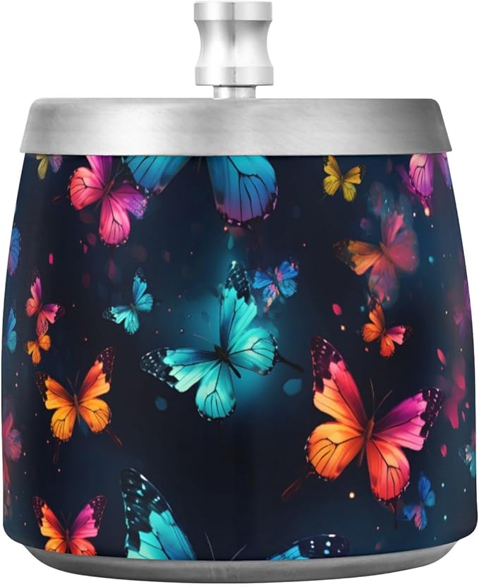 Butterflies Colorful Black Ashtray with Lid, Outdoor Ashtrays for Patio, Stainless Steel Ashtray Odorless Smokeless for Home Office Balcony
