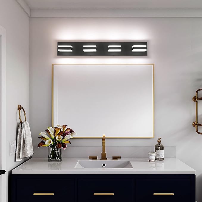SOLFART Black Bathroom Light Fixtures 4 Lights Bathroom Vanity Light LED Dimmable Matt Black Vanity Lights 32W Cool White 6000K & 0%-100% Brightness Dimmable