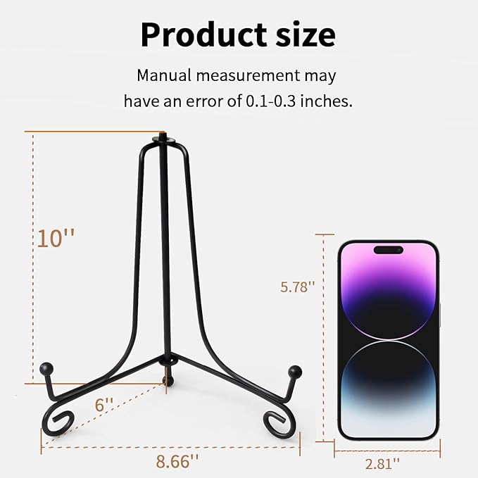 Iron Plate Stands for Display, Foldable Book Holder & Easel Stand for Sign, Versatile Poster Stand and Small Plate Stand for Home Decor, Art, Photo Frame, Card, Crystal Display (Black, 10 inch (2Pcs))