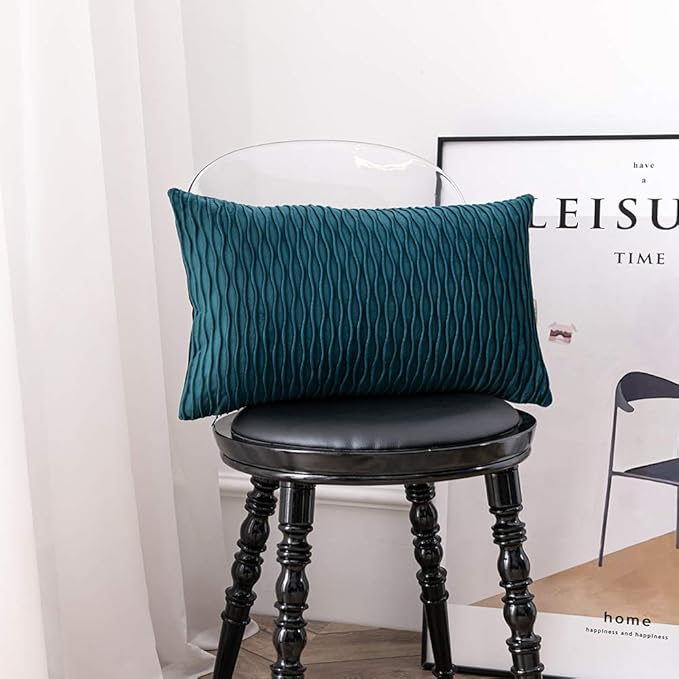12x20 Teal Throw Pillow Cases: 2 Pack Original Striped Velvet Rectangular Decorative Pillow Covers for Farmhouse Couch