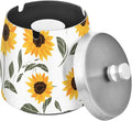 Cute Sunflowers White Print Ashtray with Lid, Outdoor Ashtrays for Patio, Stainless Steel Ashtray Odorless Smokeless for Home Office Balcony