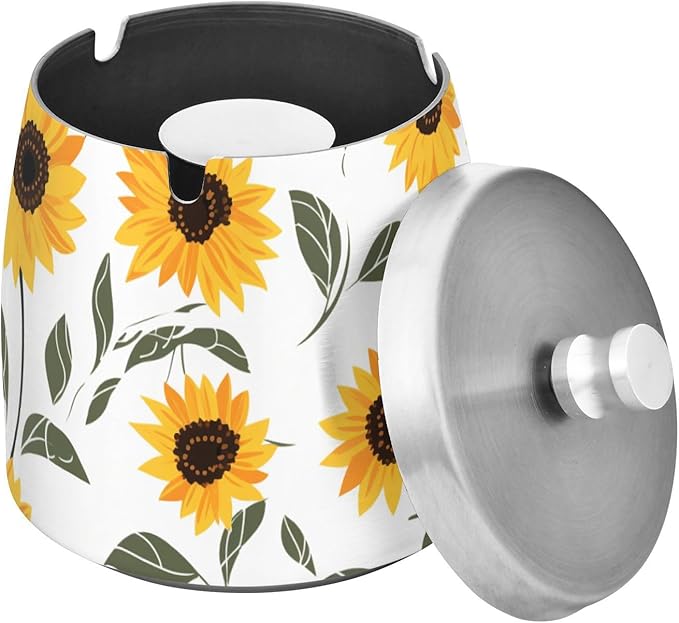 Cute Sunflowers White Print Ashtray with Lid, Outdoor Ashtrays for Patio, Stainless Steel Ashtray Odorless Smokeless for Home Office Balcony