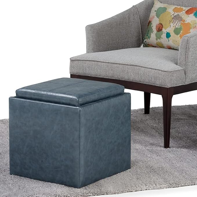 SIMPLIHOME Rockwood Cube Storage Ottoman with Tray - 17 inch Wide Upholstered Vegan Leather Square Storage Ottoman in Denim Blue, Contemporary Cube Ottoman for Living Room with Serving Tray